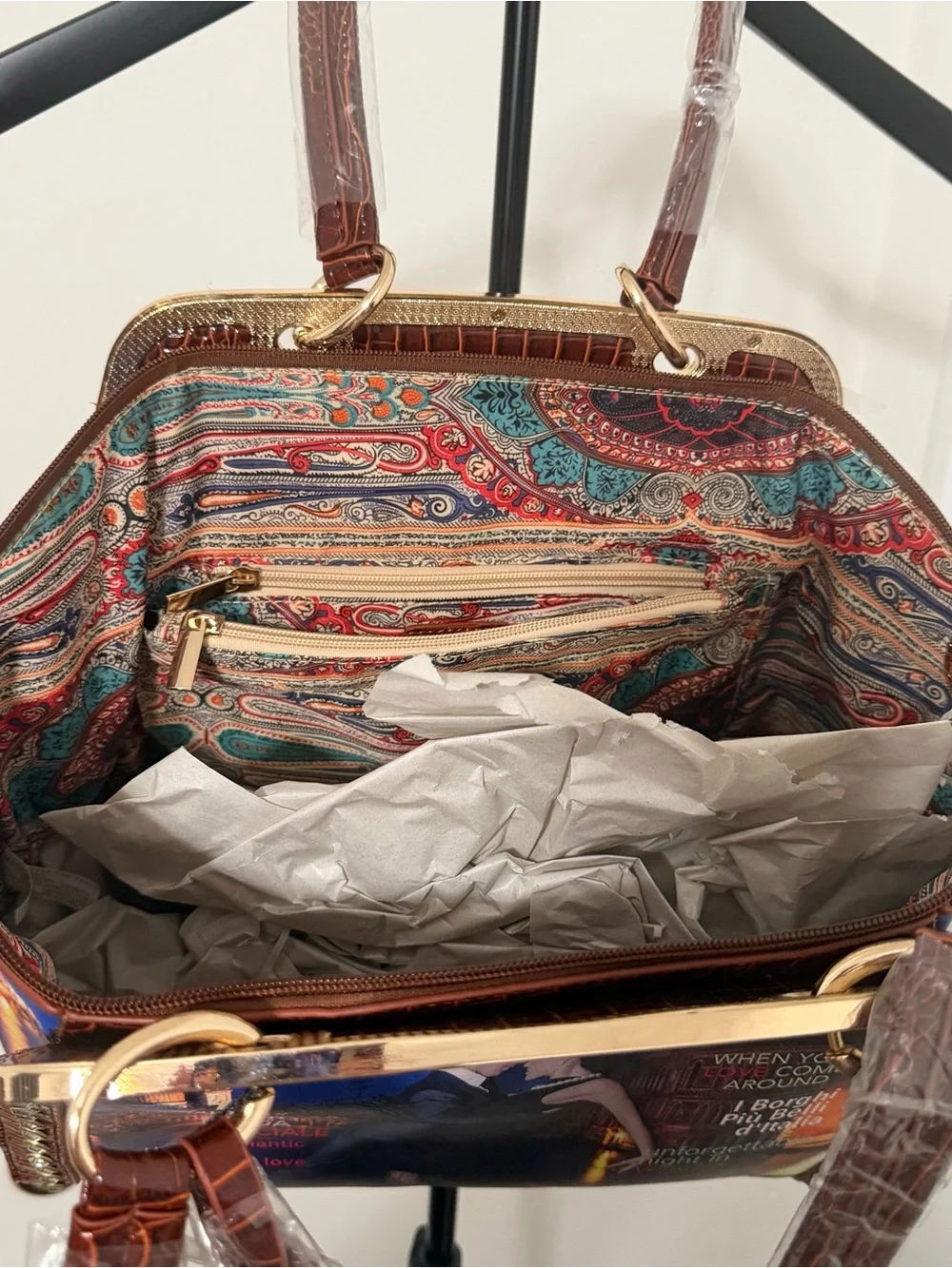 Blue Printed Satchel with Brown Trim and Gold Accents - Women's Designer Tote